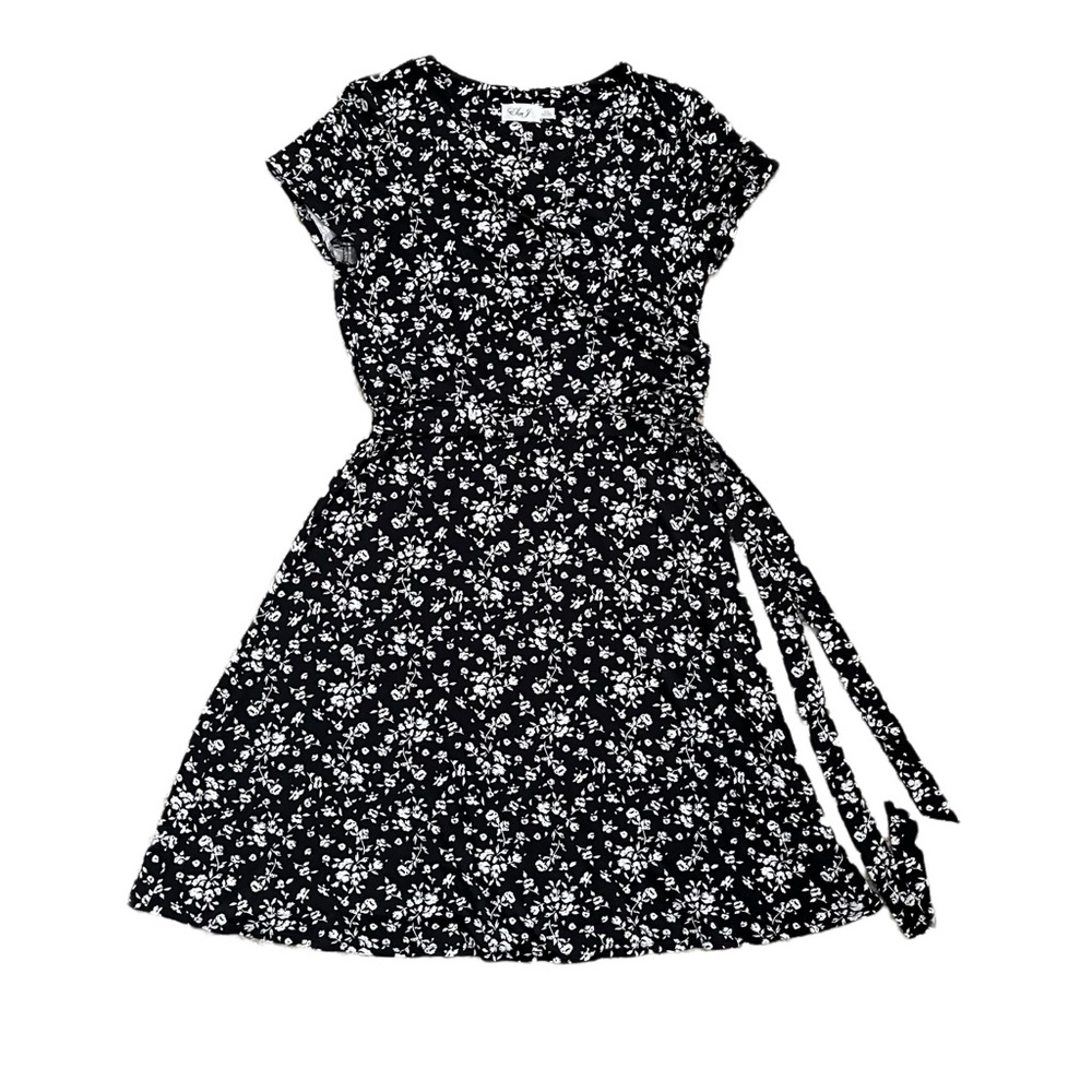Eliza J Black White Ditzy Floral Short Sleeve A-Line Midi Wrap Dress Size XL